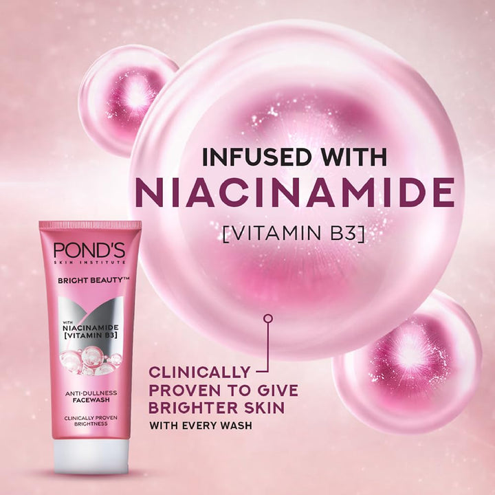 POND'S Bright Beauty Anti-Dullness & Brightening Facewash With Niacinamide | For Glass-Skin Like Shine And With 4X Visibly Brighter Skin, 50Gm