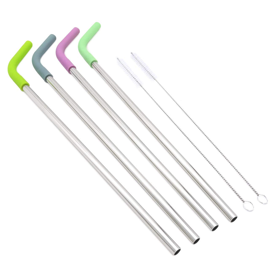 Big Drinking Straws Reusable 13 Extra Long 8mm Extra Wide Food-Grade 18/8 Stainless Steel Silicone Elbows Tips for Smoothie Milkshake Cocktail Juice Hot Drinks - Set of 4 + 2 Cleaning Brushes