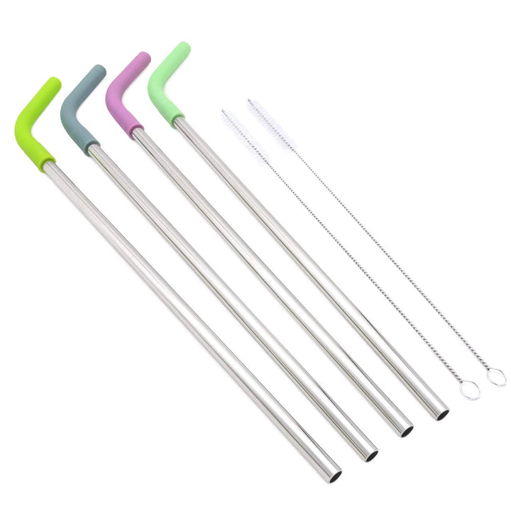 Big Drinking Straws Reusable 13 Extra Long 8mm Extra Wide Food-Grade 18/8 Stainless Steel Silicone Elbows Tips for Smoothie Milkshake Cocktail Juice Hot Drinks - Set of 4 + 2 Cleaning Brushes