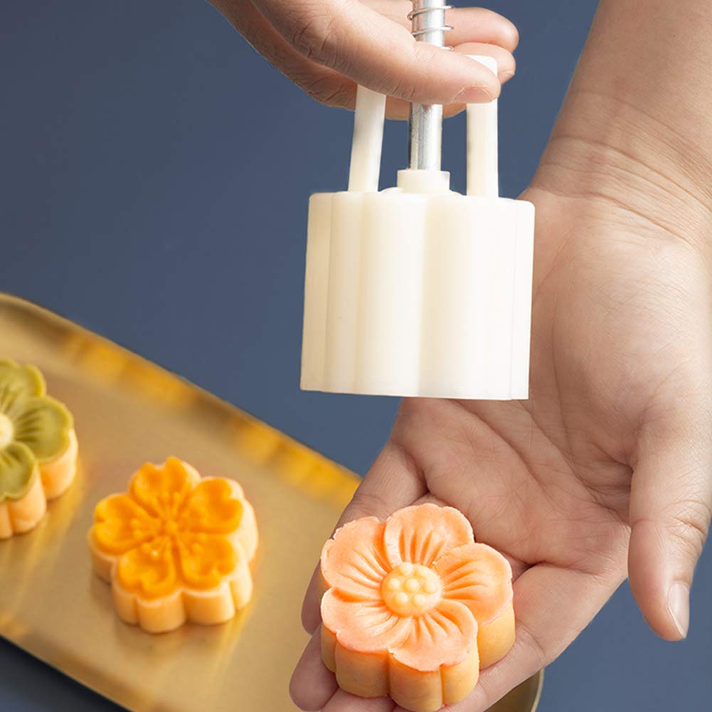 Moon Cake Mold Set 4pcs 50g Cookie Stamps, Cherry Blossom Floral Mid Autumn Festival DIY Hand Press Cookie Dessert Cutter Pastry Decoration Flower Impressions Tool Mooncake Maker (50g)