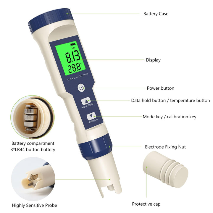 PH Meter, 5 in 1 PH/TDS/EC/Salinity/Temp Meter with ATC, 0.01 Resolution High Accuracy Water Testing for Drinking Water, Hydroponics, Seawater, Aquariums, Fish Tank and Swimming Pools