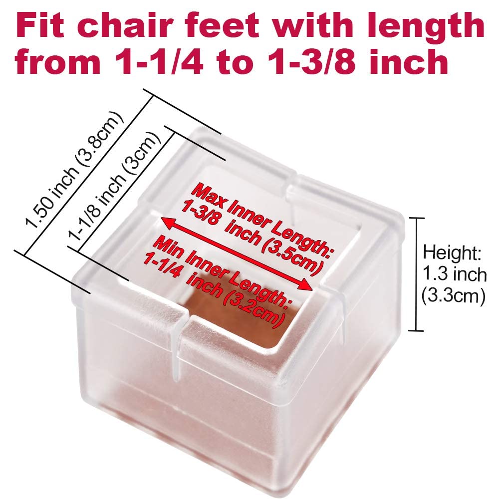 Chair Leg Floor Protectors Square Furniture Leg Caps 1 1/4 to 1 3/8” with Felt Pads Clear (16 Pack)