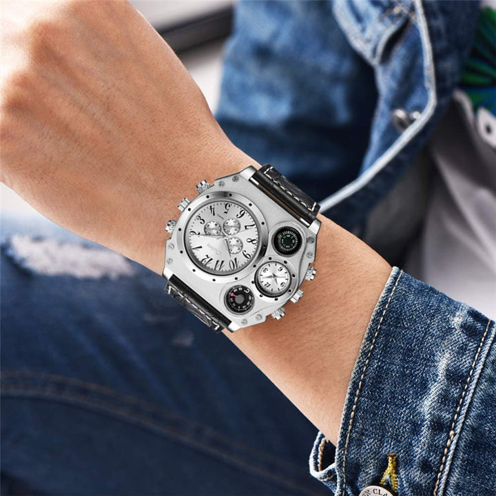 Mens Big Face Watch, Dual Time Zone Leather Strap Sport Watch, Analog Quartz Wrist Watch with Decorative Compass Thermometer Dial