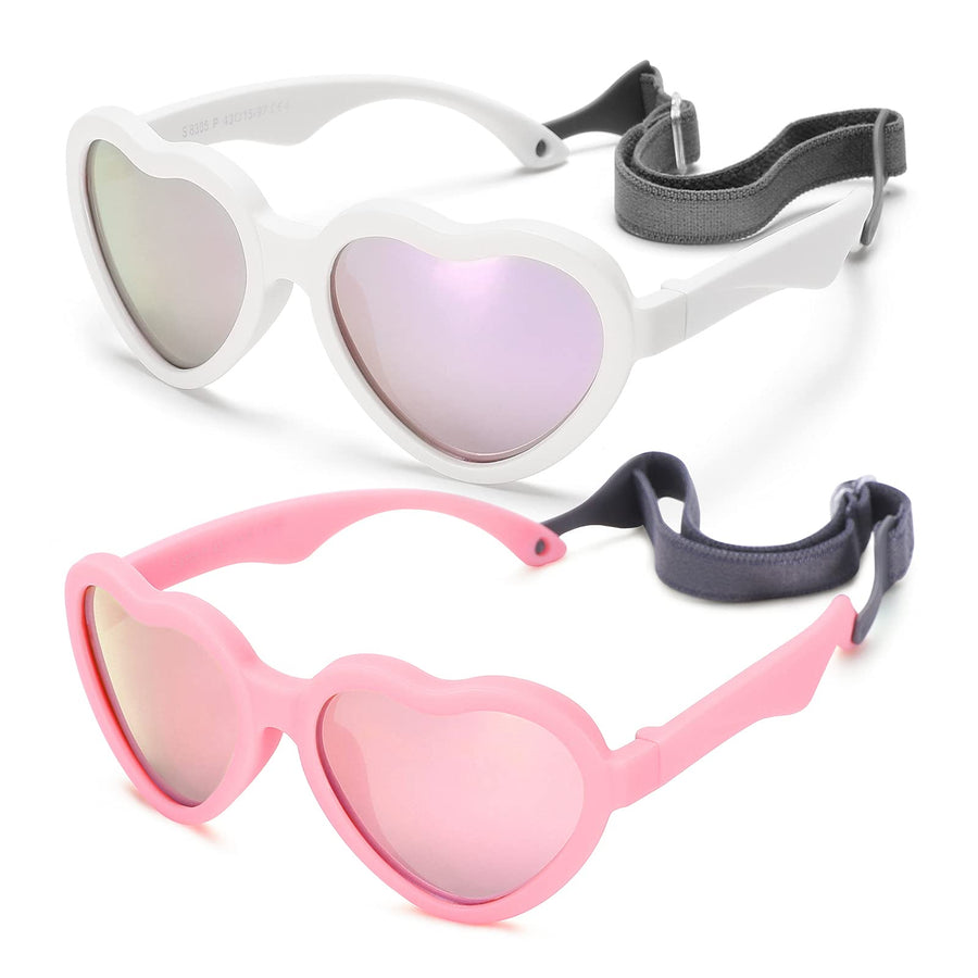 Baby Sunglasses 0-24 Months, Toddler Infant Heart Shape Polarized Baby Beach Shades (White/Purple Mirrored + Pink/Pink Mirrored)