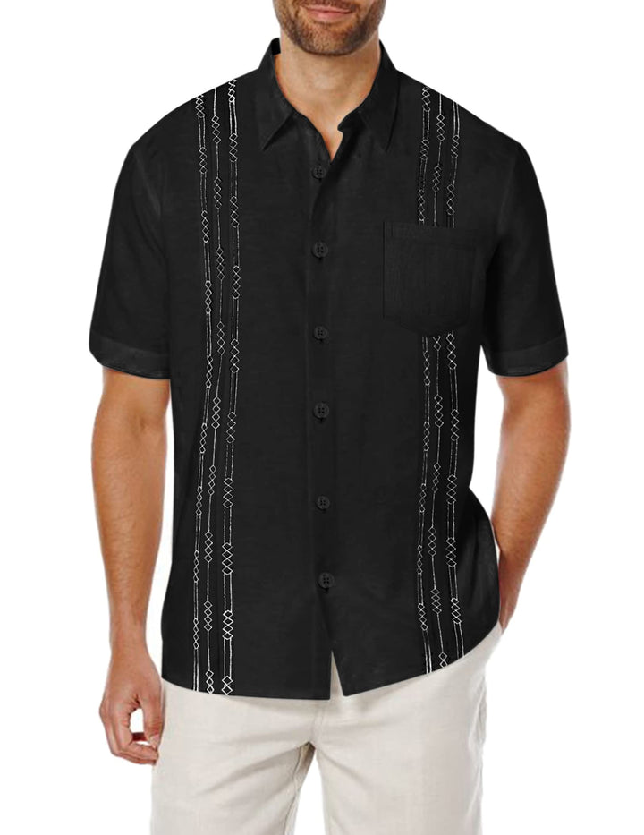 Guayabera Shirts for Men Dress Shirt Short Sleeve Summer Linen Beach Shirt Black