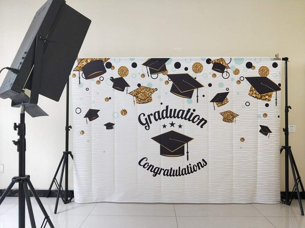 Graduation Congratulations Photography Backdrop Golden Black Graduation Cap Graduated Photo Background Photoshoot Studio Props Vinyl 7x5ft W-1415