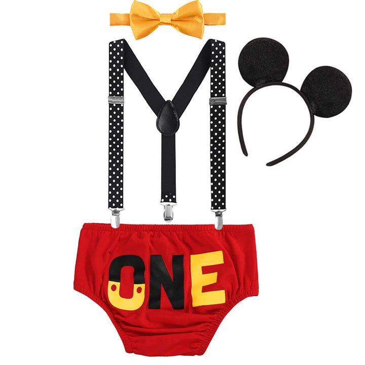 Baby Boys 1st/2nd Birthday Cake Smash Outfit Bloomers Diaper Cover Y Back Suspender Bowtie Set Mouse Ears Headband Photoshoot (Red ONE, 12-18 Months)