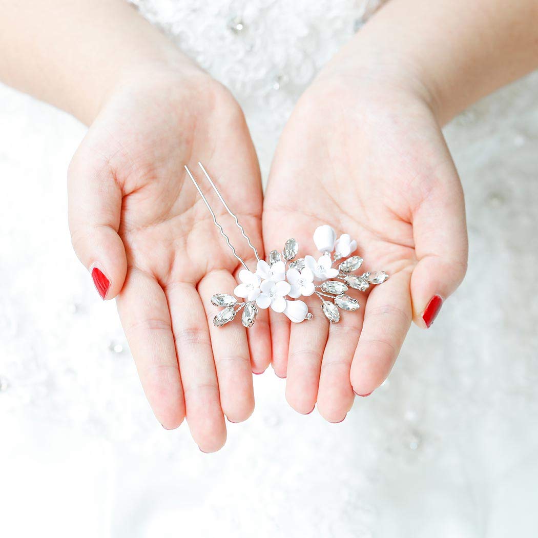 Barogirl Bride White Flower Wedding Hair Pins Clips Rhinestone Silver Bridal Hair Piece Accessories for Women, Set of 3