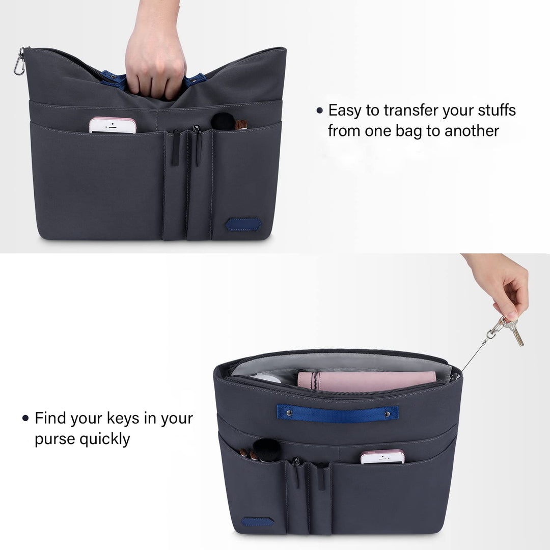 Purse Organizer Insert for Handbags,Tote Bag Organizer Insert Zipper Bag for Women, Handbag Organizer Inside Liner with 15 Pockets, Gray