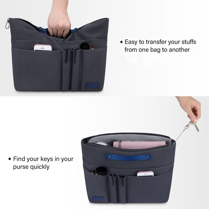 Purse Organizer Insert for Handbags,Tote Bag Organizer Insert Zipper Bag for Women, Handbag Organizer Inside Liner with 15 Pockets, Gray