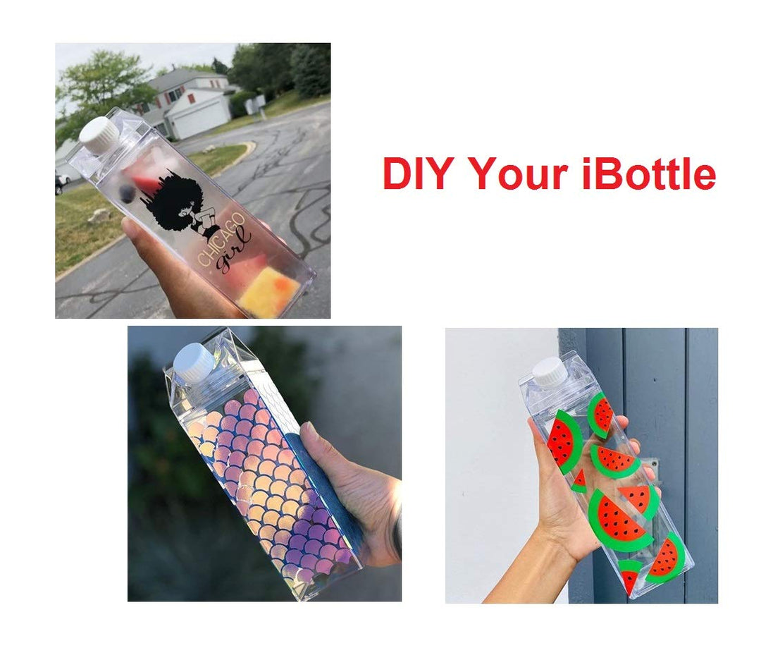 Clear Milk Carton Water Bottle Creative Square Transparent Cup + Straw + Storage Bag (17 oz-)