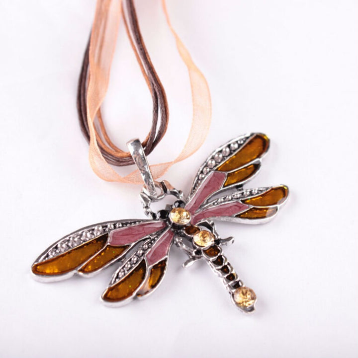 Fashion Creative Bohemian Jewelry Ethnic Multi-layer Chain Colorful Enamel Dragonfly Pendant Necklace(Coffee)