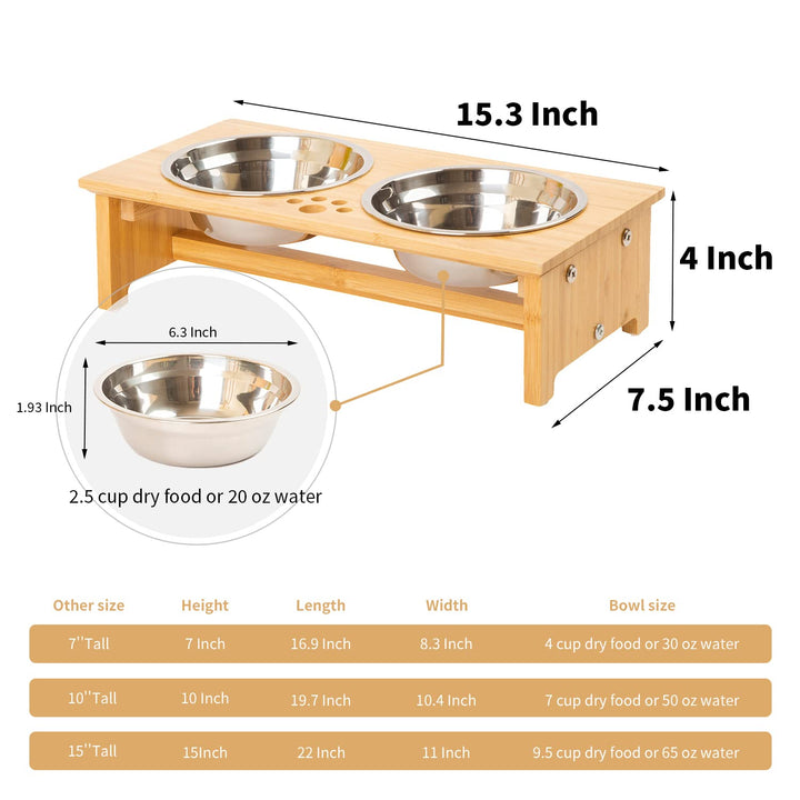 FOREYY Raised Pet Bowls for Cats and Small Dogs, Bamboo Elevated Dog Cat Food and Water Bowls Stand Feeder with 2 Stainless Steel Bowls and Anti Slip Feet (4&#39;&#39; Tall-20 oz Bowl)