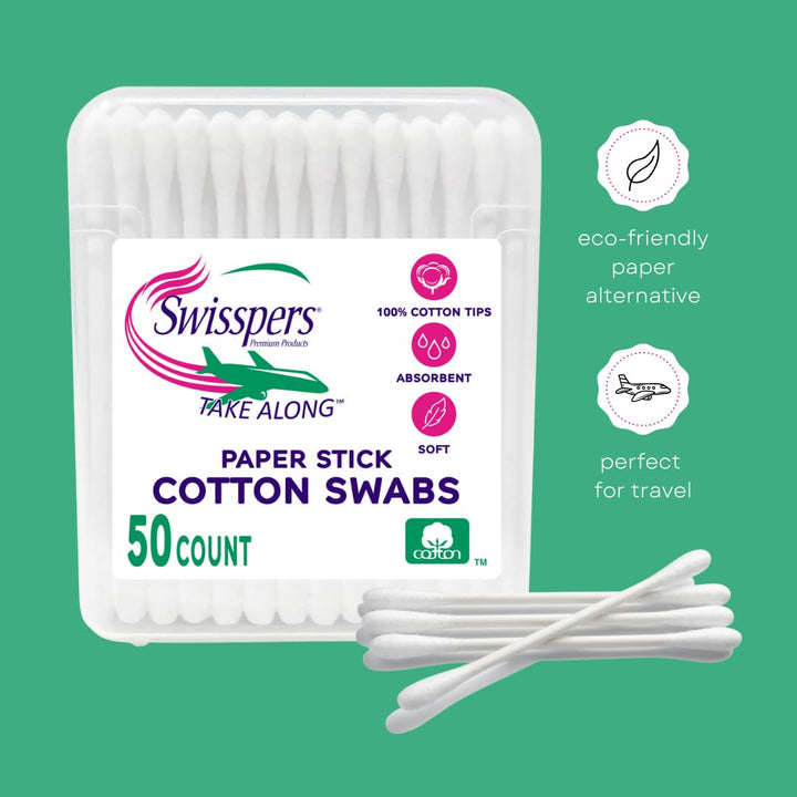 Premium Take Along Cotton Swabs, White Paper Sticks, 50-Count (Pack of 6)