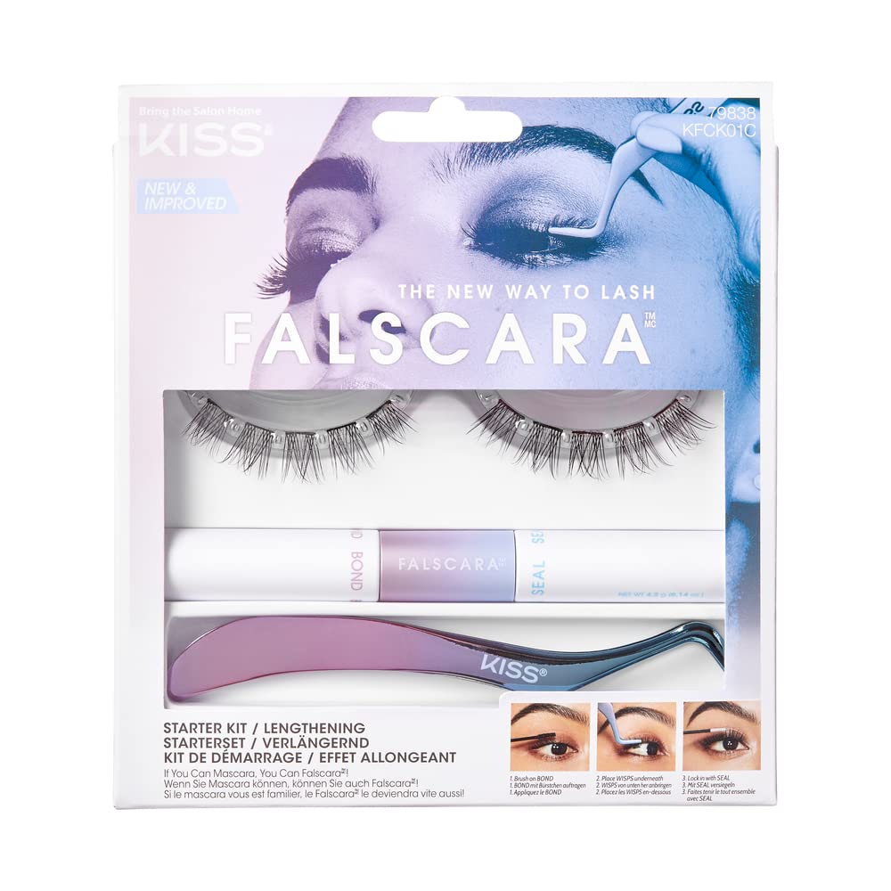 Falscara DIY Lash Extension Starter Kit 10 Reusable Featherlight Eyelash Lengthening Wisps, Applicator, Bond &amp; Seal