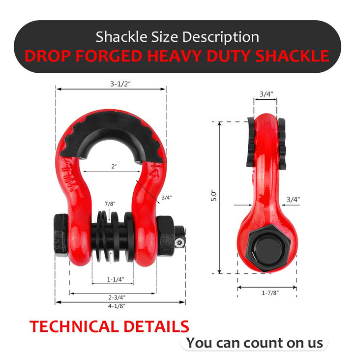 Shackles 3/4 D Ring Shackle (2 Pack) 45,000lb Break Strength with 7/8 Pin, Anti Theft Security Screws, Isolator &amp; Washer Kits for Use with Tow Strap Winch Truck Vehicle Recovery, Red