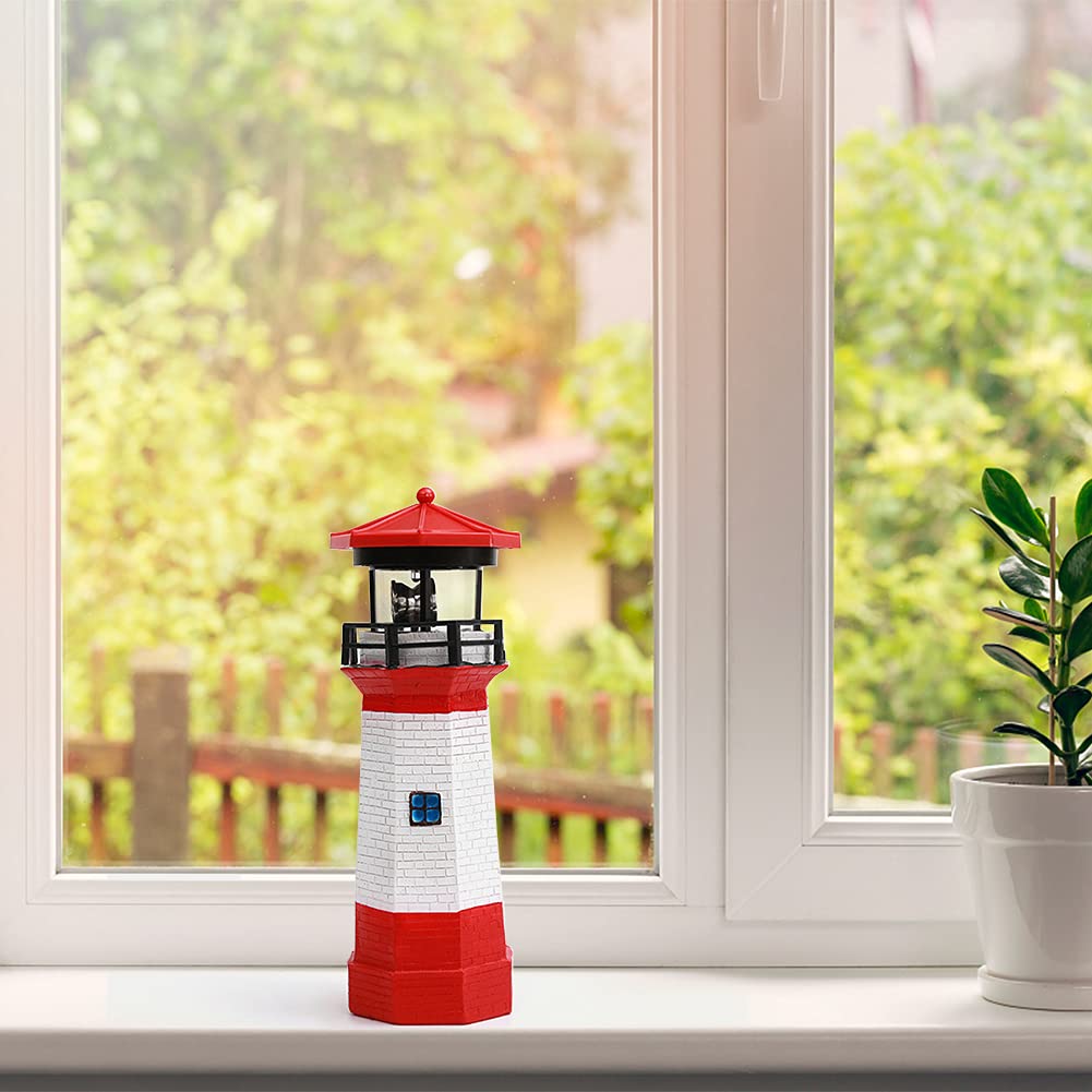 Solar Powered Lighthouse, Garden Lights, Solar Lighthouse Statue with Rotating Lamp, Rotating Spinning Bright Outdoor Patio Yard Garden Lawn Decoration(Red)