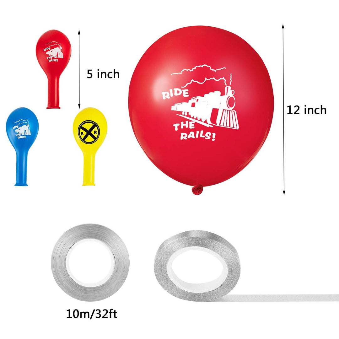 36 Pieces Train Latex Balloon Railroad Balloon and 2 Rolls Silver Ribbons for Birthday Baby Shower Engagement Party Decoration Supply