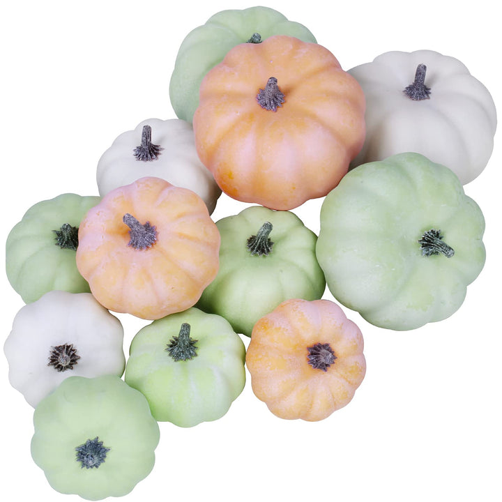 12 Pcs Assorted Small Frosted Artificial Pumpkins Foam Pumpkins Rustic Harvest Decorative Pumpkins in White Orange Green Fall Thanksgiving Halloween Decor
