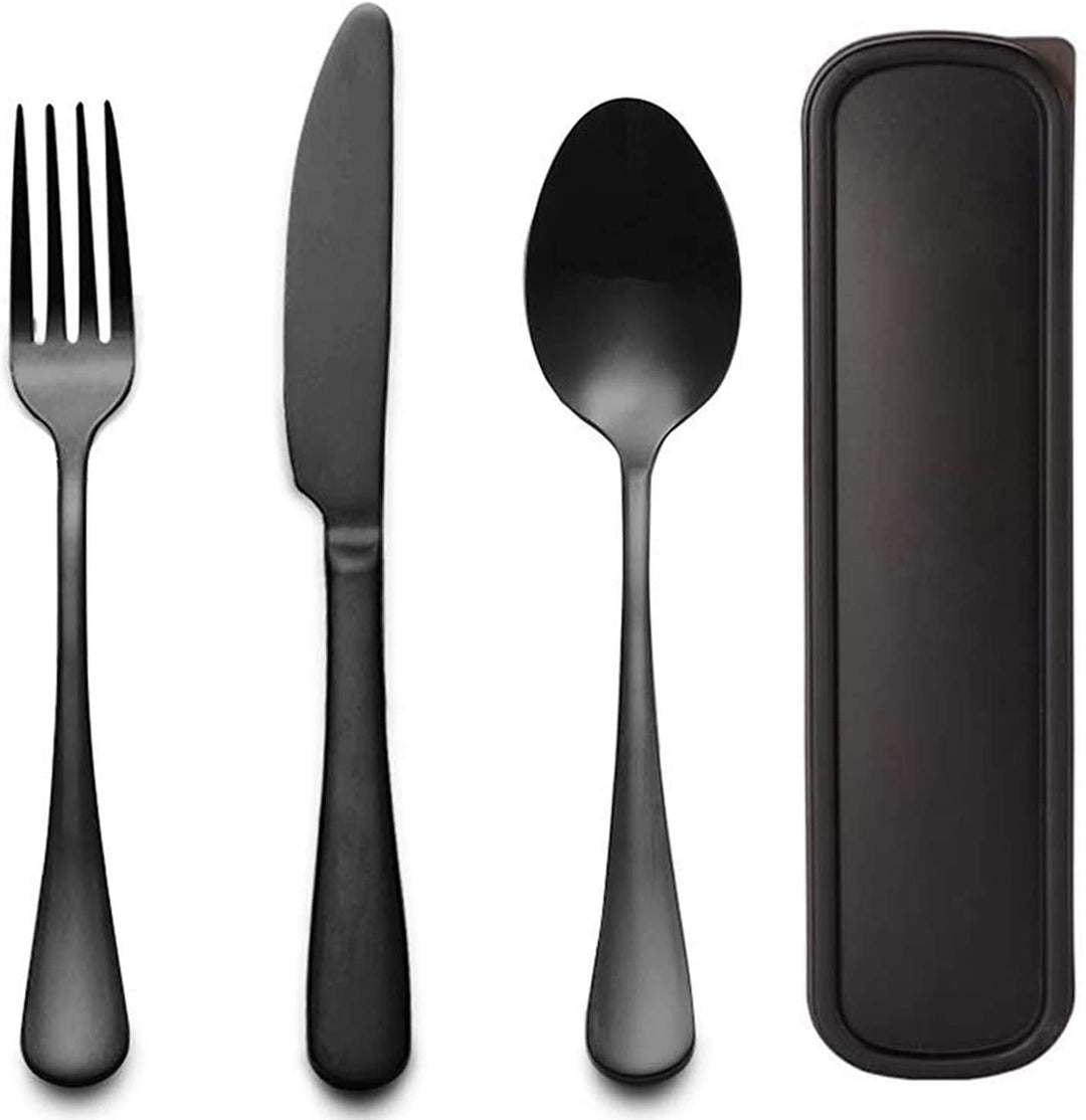 Portable Travel Utensils Set with Case 18/8 Stainless Steel Black Silverware Sets Include Knife Fork and Spoon with Case Reusable Flatware Sets for Lunch Box and Camping (Black)