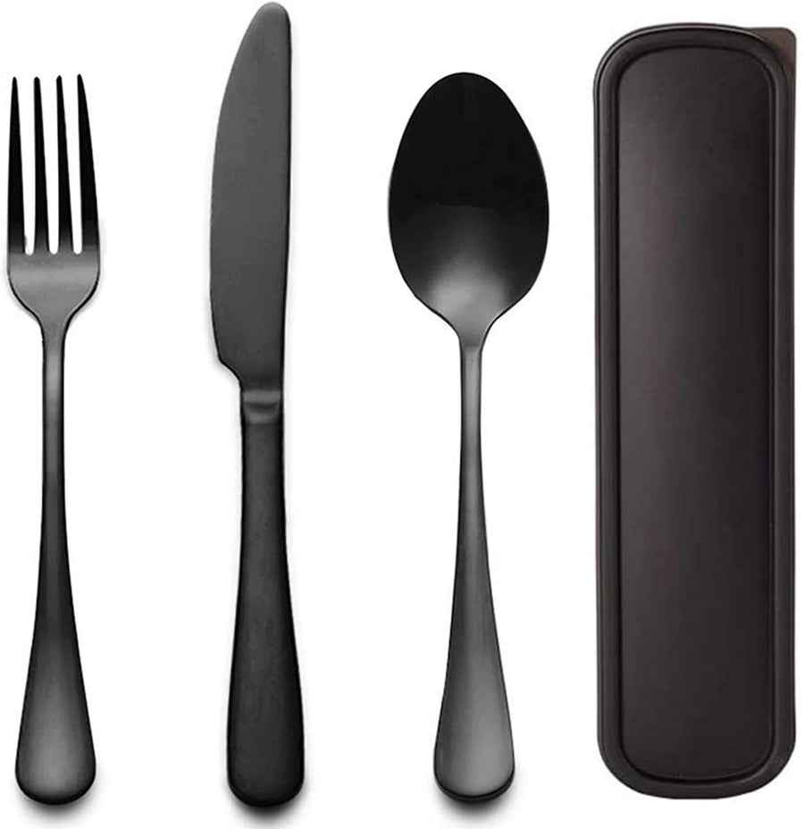 Portable Travel Utensils Set with Case 18/8 Stainless Steel Black Silverware Sets Include Knife Fork and Spoon with Case Reusable Flatware Sets for Lunch Box and Camping (Black)