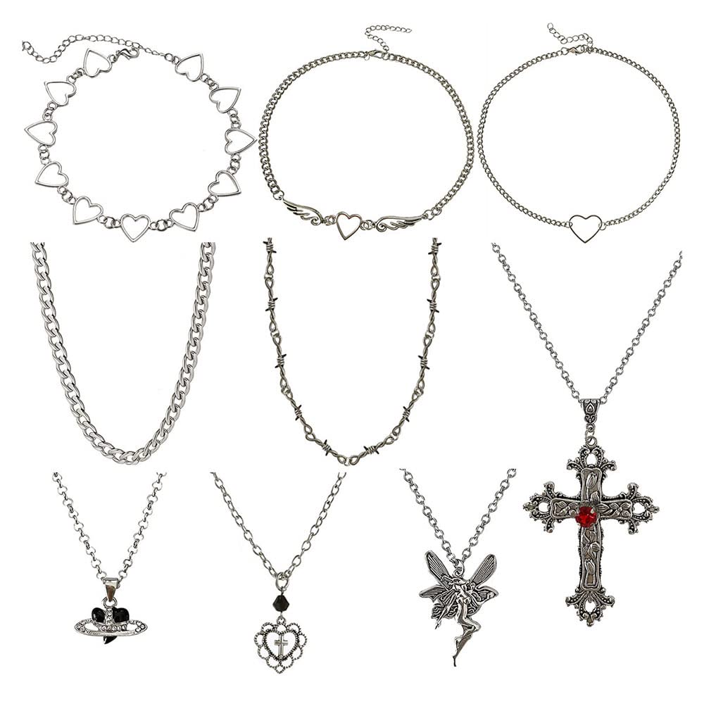 9 PCS Grunge Necklace Set Goth Cross Saturn Thorns Gothic Angel Heart Wing Chain Choker Necklace for Women Teen Girls