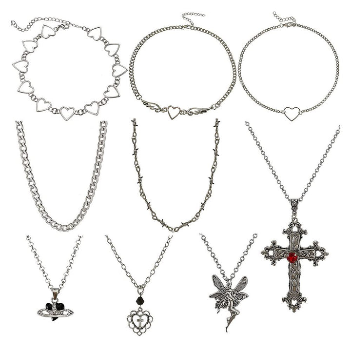 9 PCS Grunge Necklace Set Goth Cross Saturn Thorns Gothic Angel Heart Wing Chain Choker Necklace for Women Teen Girls