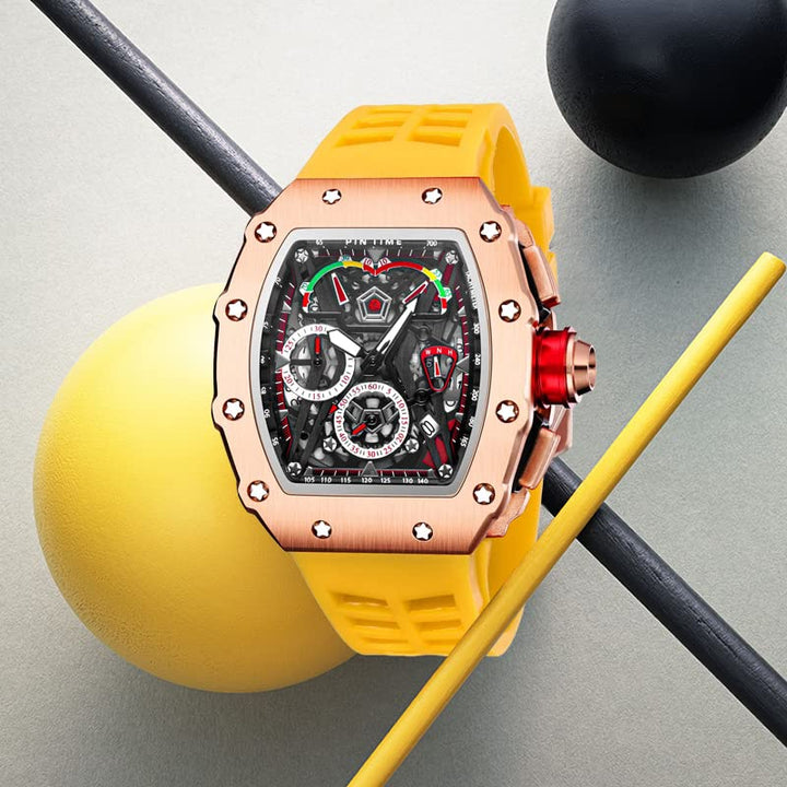 Mens Luxury Tonneau Square Watches Analog Punk Chronograph Unique Sports Wrist Watch Japanese Movement Luminous Design with Rubber Band (Rosegold Yellow)