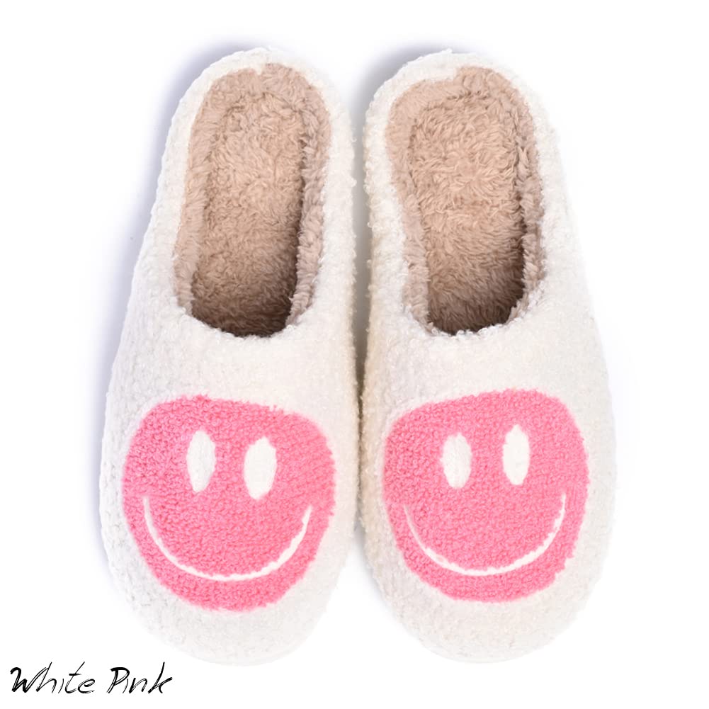 Women&#39;s Men&#39;s Retro Preppy Happy Face Slippers Comfy Warm Plush Slip-On House Slipper for Winter Indoor Soft Cushion Non-slip Fluffy Slides Slippers White-Pink 5.5-6.5 Women/5-6 Men