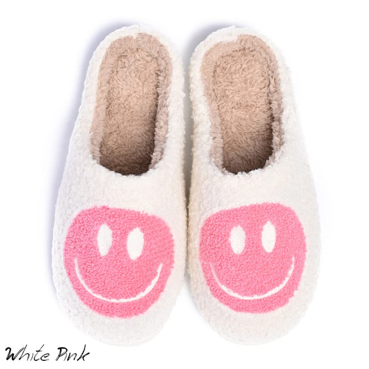 Women&#39;s Men&#39;s Retro Preppy Happy Face Slippers Comfy Warm Plush Slip-On House Slipper for Winter Indoor Soft Cushion Non-slip Fluffy Slides Slippers White-Pink 5.5-6.5 Women/5-6 Men