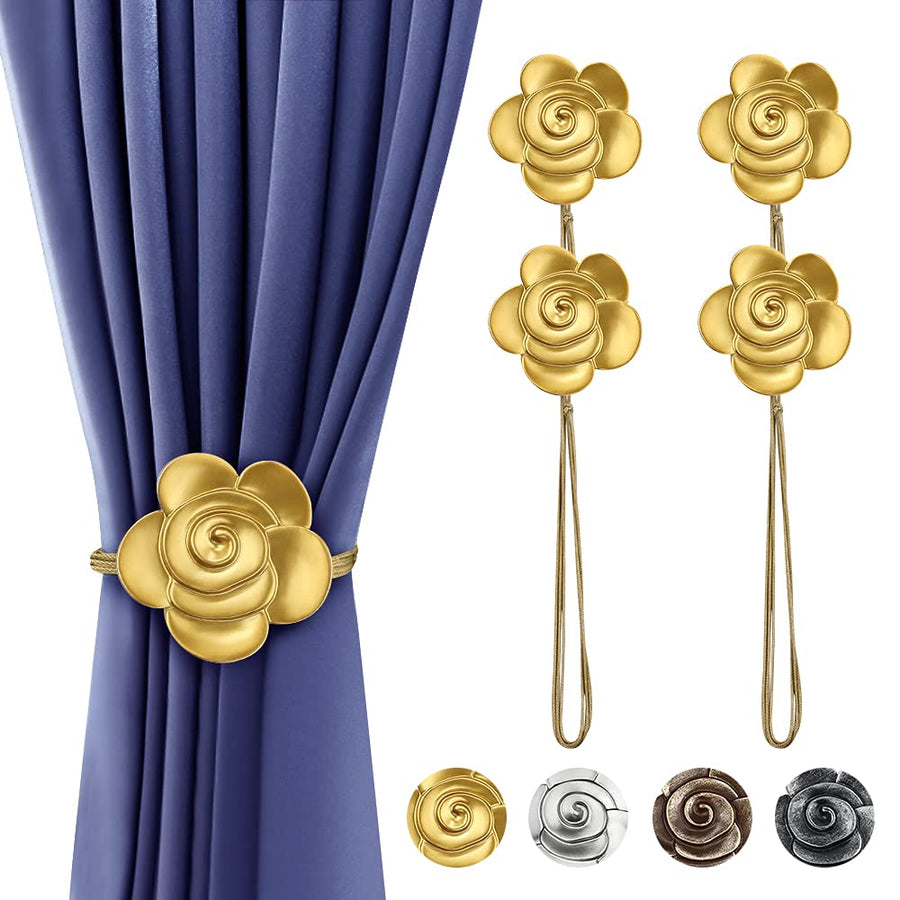 Magnetic Curtain Tiebacks, Resin Flower Curtain Ties, Vintage Curtain Drapery Holdbacks, Magnetic Window Drapery Decorative Holders with Rope for Outdoor, Home, and Office(4 Pack, Gold)