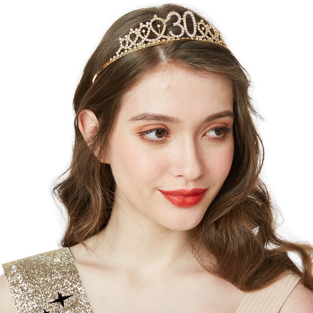 Dirty Thirty Sash &amp; Rhinestone Tiara Set - 30th Birthday Gifts Birthday Sash for Women Fun Party Favors Birthday Party Supplies (Gold Glitter with Black Lettering)