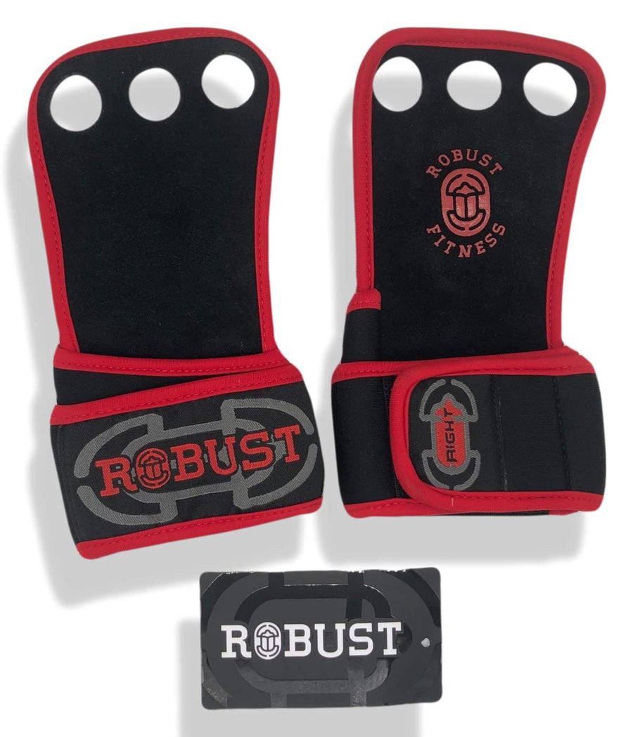 Genuine Leather Hand Grips for Gymnastics & Cross-Training, Pull-ups, Weightlifting, WODs with Neoprene Wrist warps. Palm Shield from Rips & Blisters. (Red, Small)