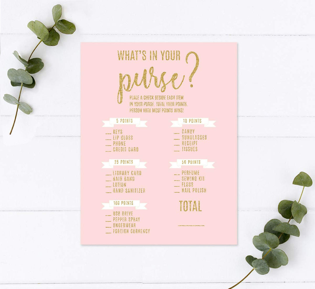 Andaz Press Blush Pink Gold Glitter Print Wedding Collection, What's in Your Purse Bridal Shower Game Cards, 20-Pack