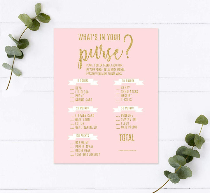 Andaz Press Blush Pink Gold Glitter Print Wedding Collection, What's in Your Purse Bridal Shower Game Cards, 20-Pack