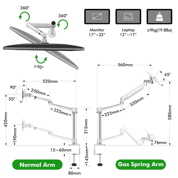Monitor and Laptop Mount, 2-in-1 Adjustable Dual Monitor Arm Desk Stand, Single Gas Spring Arm with Laptop Tray for 12-17 Laptop. Single Arm Stand/Holder for 17-32 Computer Monitor(3L-Pro-b)