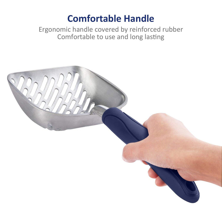 WePet Cat Litter Scoop, Aluminum Alloy Sifter, Kitty Metal Scooper, Deep Shovel with Diagonal Sifting Hole, Long Handle, Kitten Poop Lifter for Litter Box, Large Size, Blue Handle
