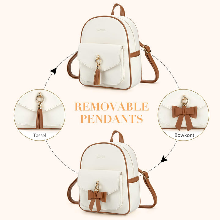 Mini Backpack for Women Girls Cute Bowknot Small Backpack Purse Ladies Leather Bookbag Satchel Bag, with Charm Tassel White&amp;Brown