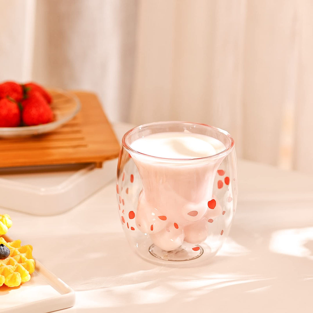 Cute Cat Claw Cup Pink Cherry Printing Paw Mug Cat Foot Claw Print Mug Double Wall Insulated Glasses Espresso Cup Mug Glass Cup Coffee Cups Milk Mug Tea Whiskey Cup Cat Paw-Shaped mug