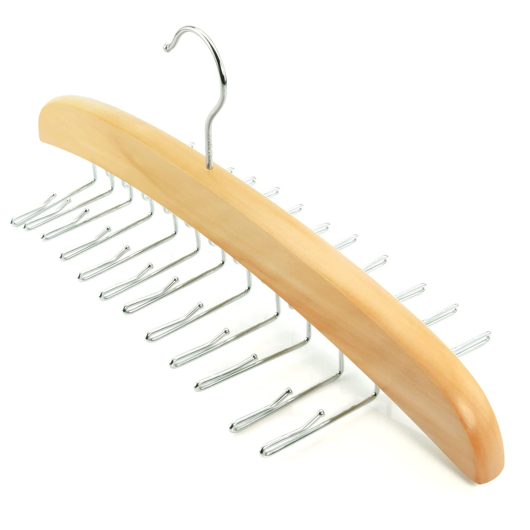 Hanging Tie Holder Organizer Rack - Premium Wooden Tie Hanger with 24 Folding Accessory Hooks for Closet Space Saving