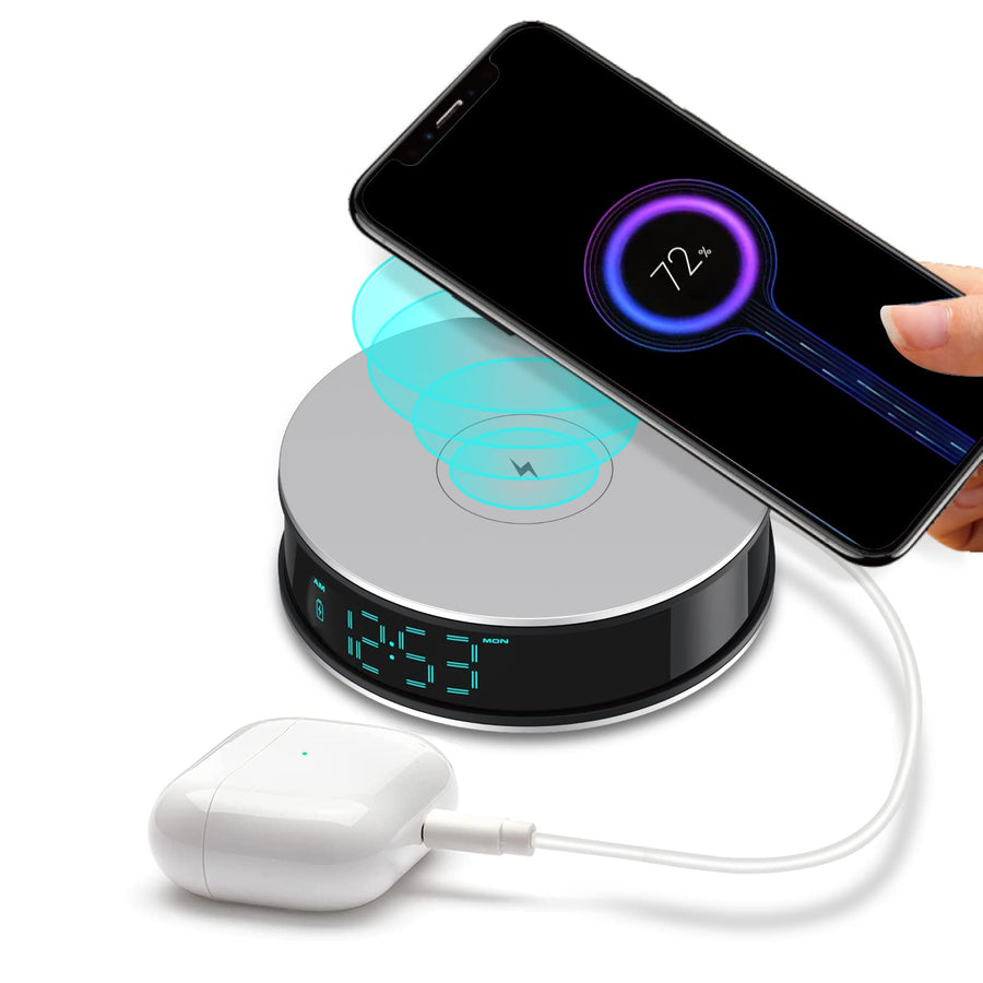 Digital Alarm Clock with 15W Fast Wireless Charge , Wireless Charger Pad for iOS/Android Smartphone , Adjustable Brightness LED Alarm Clock