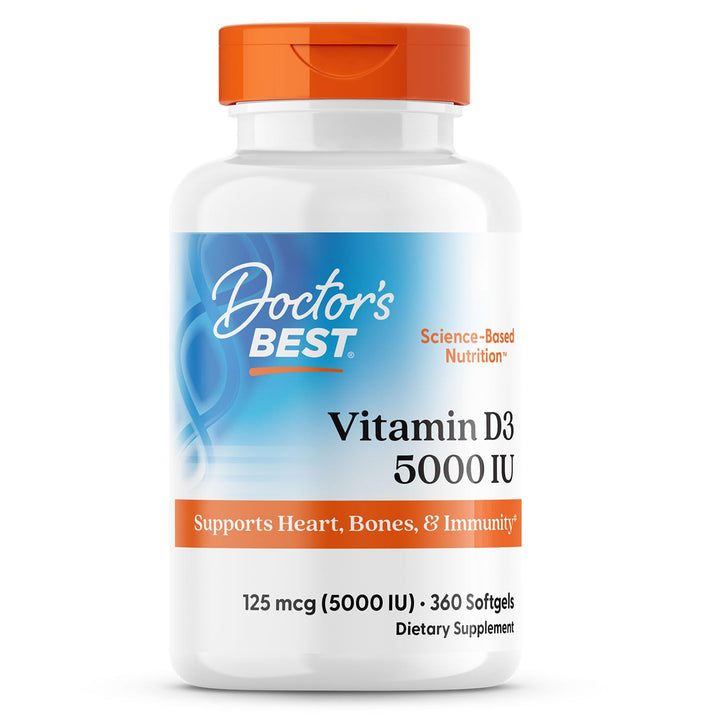 Doctor&#39;s Best Vitamin D3 5,000 IU for Healthy Bones, Teeth, Heart and Immune Support, Non-GMO, Gluten-Free, Soy Free, 360 Count (Pack of 1)