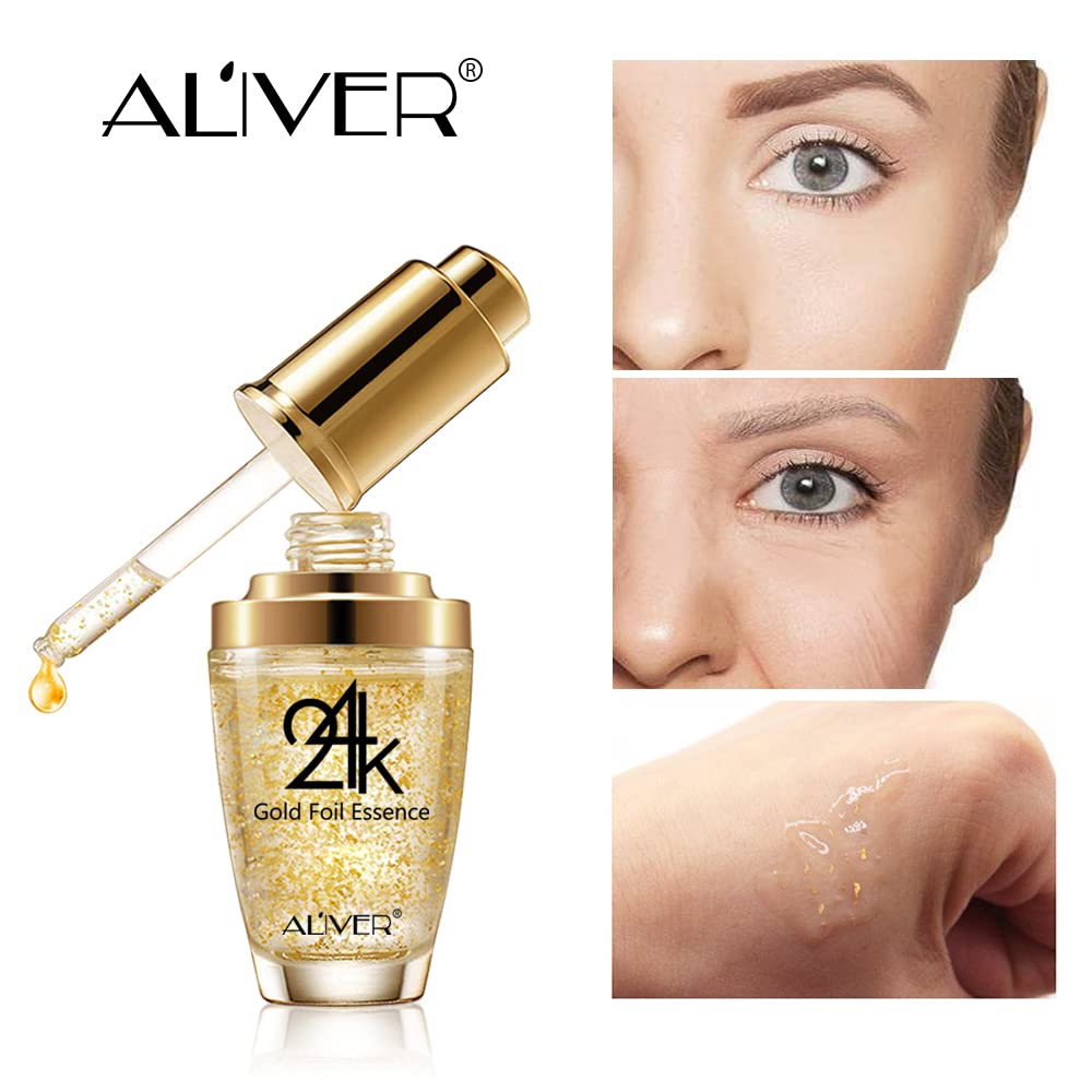 24K Gold Foil Essence Anti Aging &amp; Wrinkle Moisturizing Firming Face Serum Treatment for Women Skin Care Hyaluronic Acid Liquid (30ml)