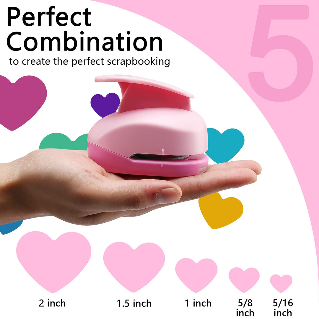 5 PCS Heart Punch, Heart Lever Action Craft Punch, 5 Different Size Heart Shaped Hole Punch for Paper Crafts, Weddings, Gift Wrapping, Greeting Cards and Scrapbooks