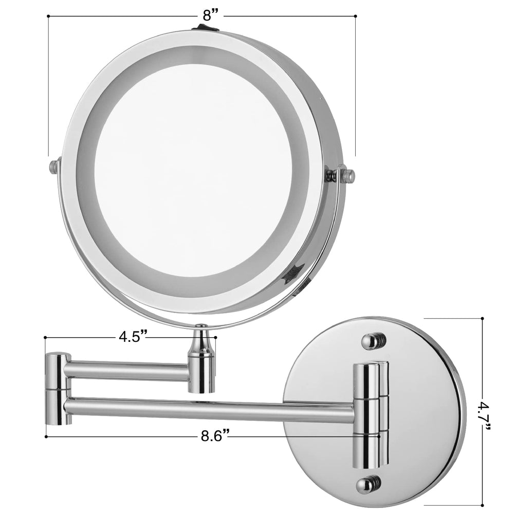 Wall Mounted Makeup Mirror with LED Lights and 1X/10X Magnifying 360° Swivel Extendable Vanity Mirror for Bathroom, Powered by Batteries (Not Included) 8 Inch,Chrome