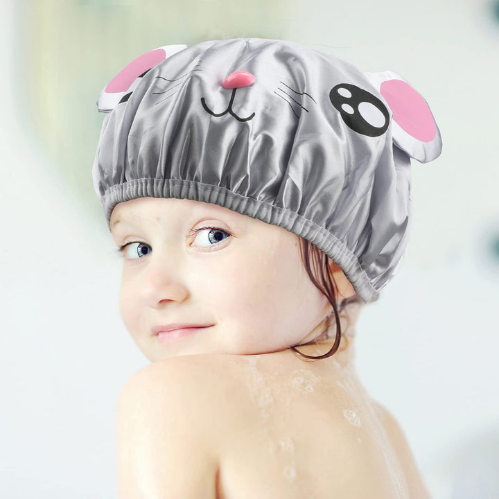 First Kitchen 2 Pieces Cute Kids Shower Cap, Funny Cartoon Bath Hat, Boys Or Girls Waterproof Shower Bath Caps (Gray Mouse + Pink Pig)