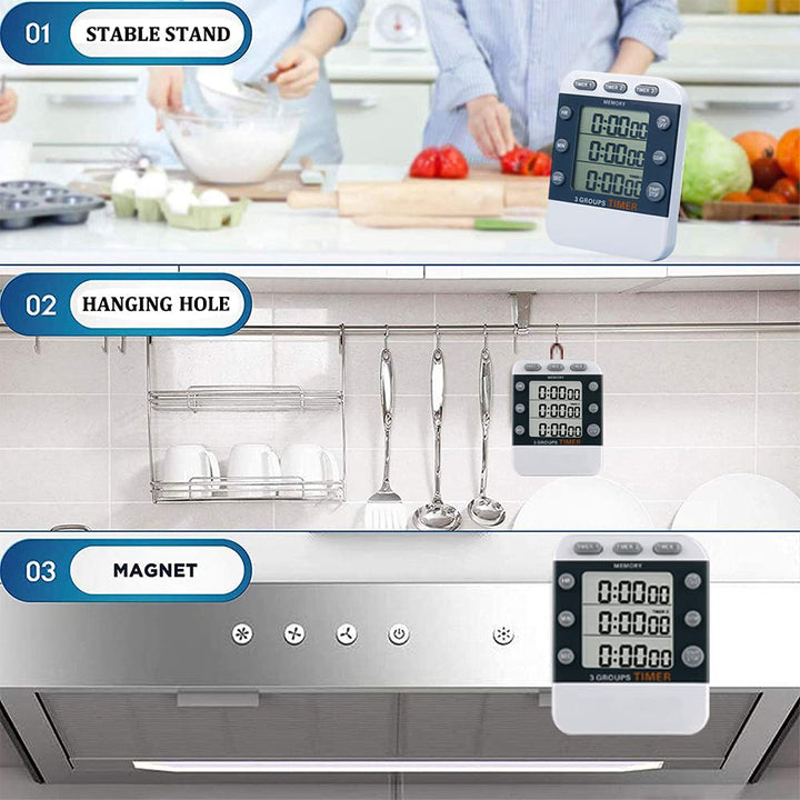 Digital Dual Kitchen Timer, 3 Channels Count UP/Down Timer, Triple Cooking Timer, Large Display, Loud Volume Alarm with Magnetic Back, Stand, Battery Included (M382)