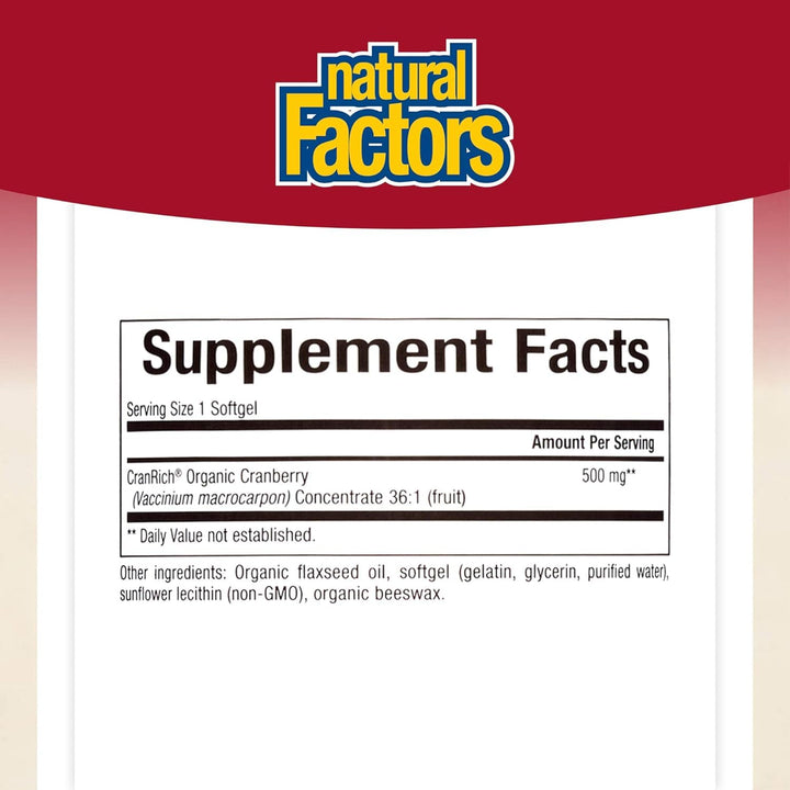 CranRich by Natural Factors, Super Strength Cranberry Concentrate, Antioxidant Supplement for Urinary Tract Support, Non-GMO, 90 softgels (90 servings)