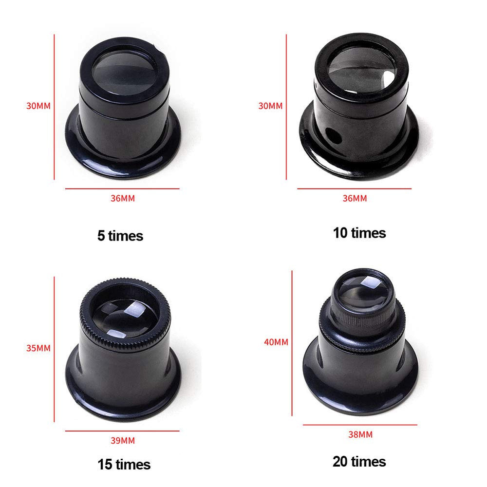 Loupe Eyeglass Magnifiers Set of 4 Different Strengths Watchmakers Repairs Tool - 5X, 10X,15X, 20X Magnification Jeweller’s Watchmaker Eye Loupe Magnifying Glass Set(Black)