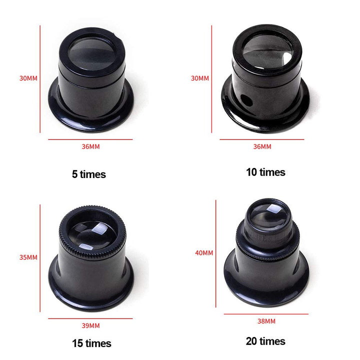 Loupe Eyeglass Magnifiers Set of 4 Different Strengths Watchmakers Repairs Tool - 5X, 10X,15X, 20X Magnification Jeweller’s Watchmaker Eye Loupe Magnifying Glass Set(Black)